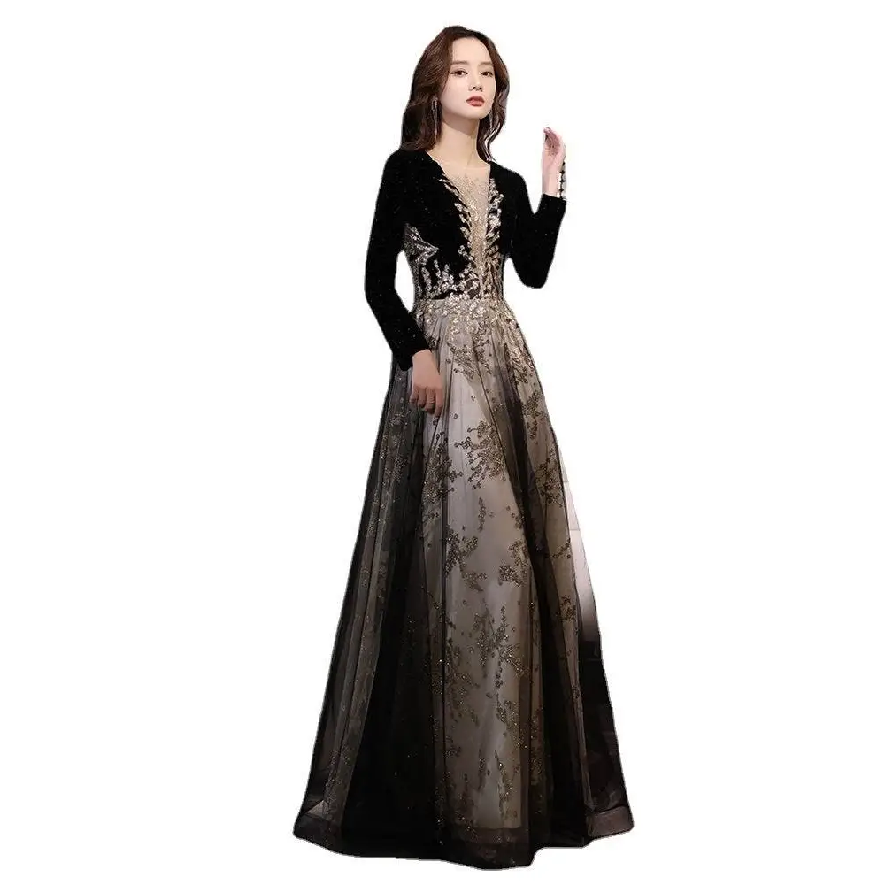 Elegant black moderator long sleeve annual party dress with velvet bodice sheer lace and beaded floral detailing
