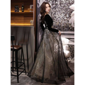 Elegant black moderator long sleeve annual party dress with black and gold embroidery velvet bodice and sheer tulle skirt