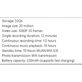 Black modern camera smart glasses with purple accent featuring 32gb storage 1080p 30fps video and fast charging 220mah battery