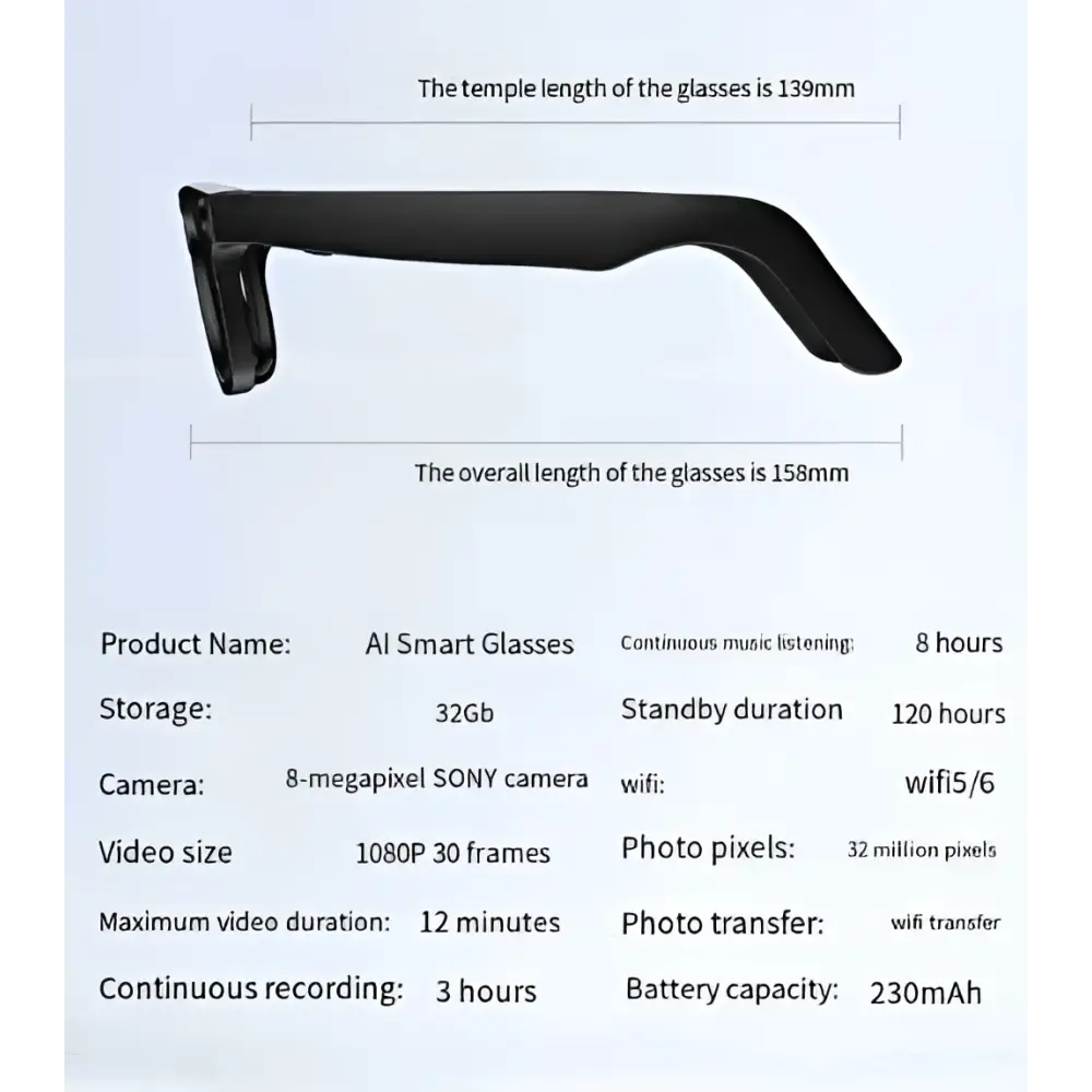 Black modern camera smart glasses with sleek design, purple accent, and 32gb storage for advanced use