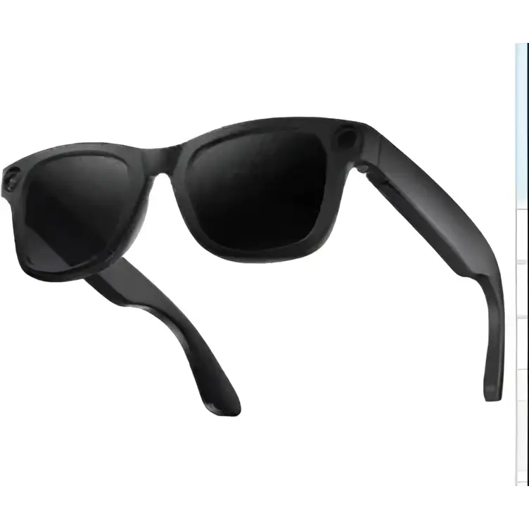 Black modern camera smart glasses with black frames, dark lenses, and a sleek purple accent design