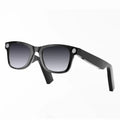Black modern camera smart glasses featuring black frames, gradient gray lenses, purple accent, and circular camera modules