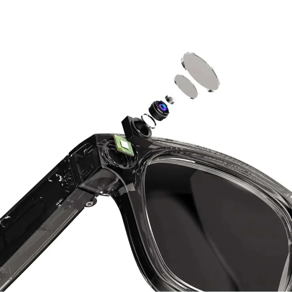 Black modern camera smart glasses with black frames, transparent lenses, purple accent, and visible internal camera components