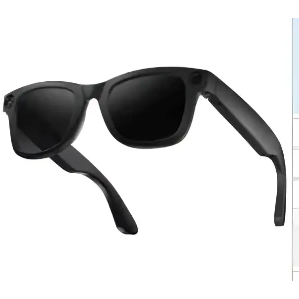 Black modern camera smart glasses with black frames dark lenses and a purple accent featuring a sleek modern design