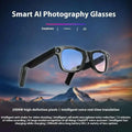Black modern camera smart glasses with black frames, sleek rectangular lenses, integrated camera, and purple accent earphones