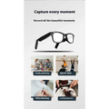 Black modern camera smart glasses with integrated camera speaker and purple accent on black frame