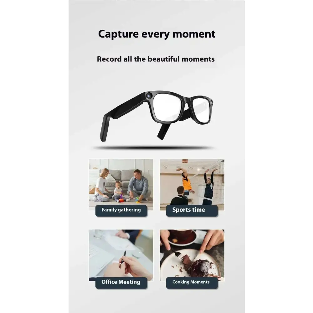 Black modern camera smart glasses with integrated camera speaker and purple accent on black frame