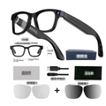 Black modern camera smart glasses with black frames purple accent camera lens on the temple and integrated sensors