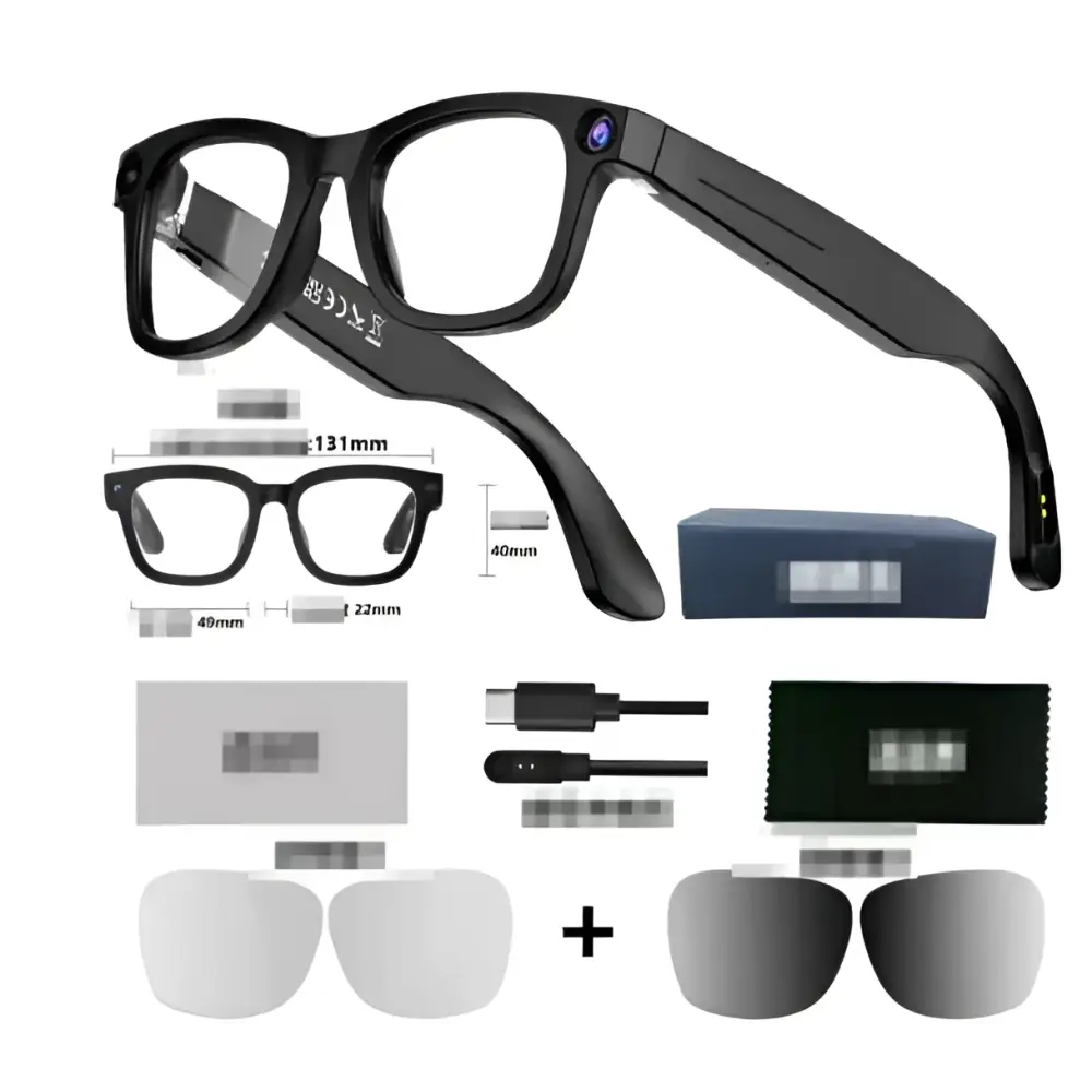 Black modern camera smart glasses with black frames purple accent camera lens on the temple and integrated sensors