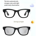 Black modern camera smart glasses with black frames purple accent and lenses that shift from clear to gray under sunlight