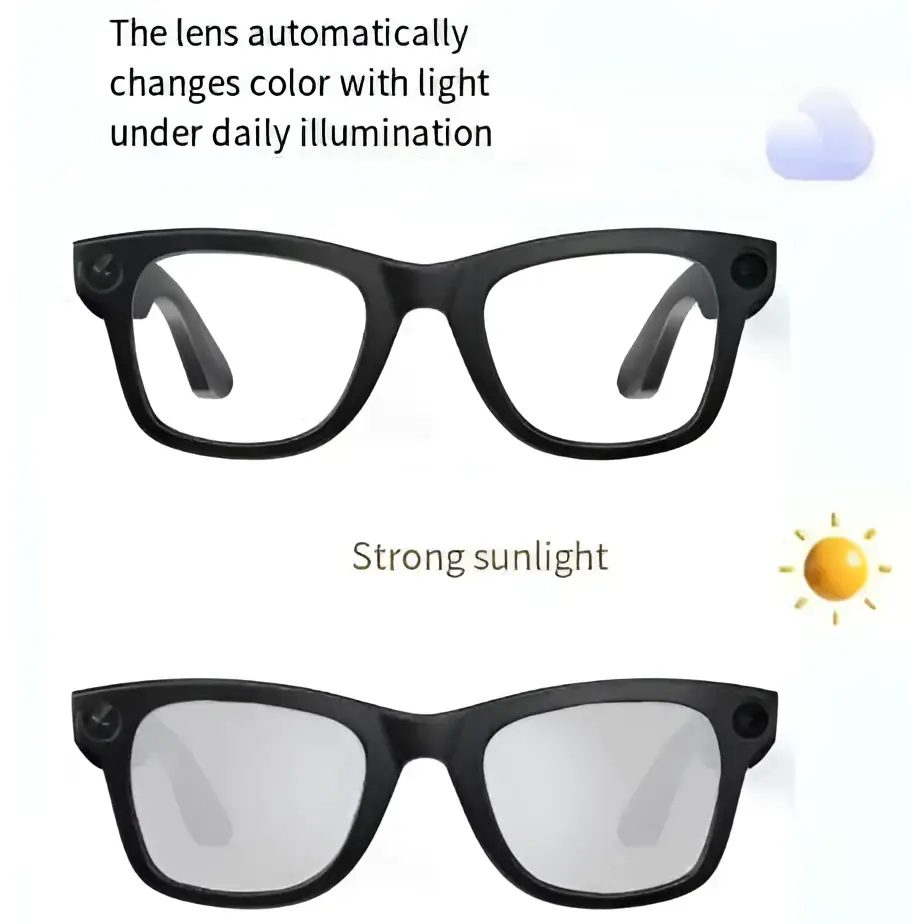 Black modern camera smart glasses with black frames purple accent and lenses that shift from clear to gray under sunlight