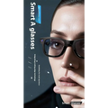 Black modern camera smart glasses with black frames, sleek design, purple accent, and integrated camera lens on the temple