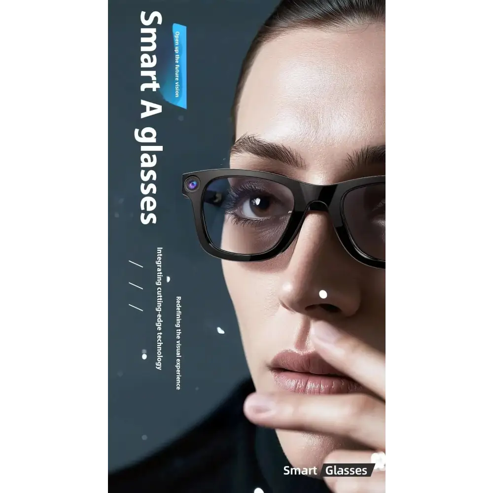Black modern camera smart glasses with black frames, sleek design, purple accent, and integrated camera lens on the temple