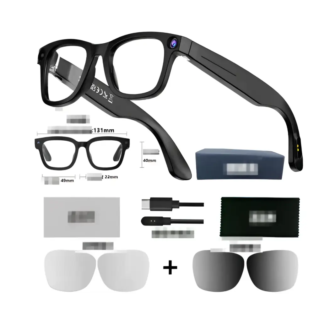Black modern camera smart glasses with black frame, sleek design, purple accent, and integrated camera lens on temple