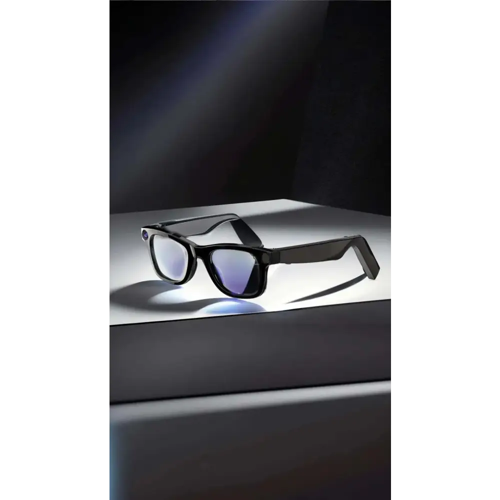 Black modern camera smart glasses with black frame sleek design and subtle blue tinted lenses for advanced use