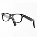 Black modern camera smart glasses with black frames and subtle silver accents on temples for stylish wear