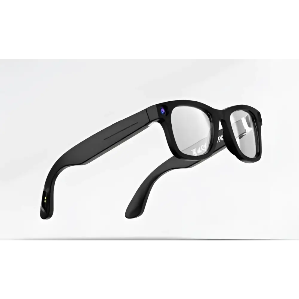 Black modern camera smart glasses with black frames and a subtle purple accent on the temple for discreet recording