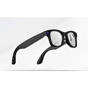 Black modern camera smart glasses with black frames and a subtle purple accent on the temple for discreet recording