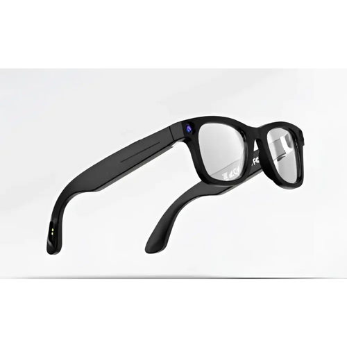 Black modern camera smart glasses with black frames and a subtle purple accent on the temple for discreet recording
