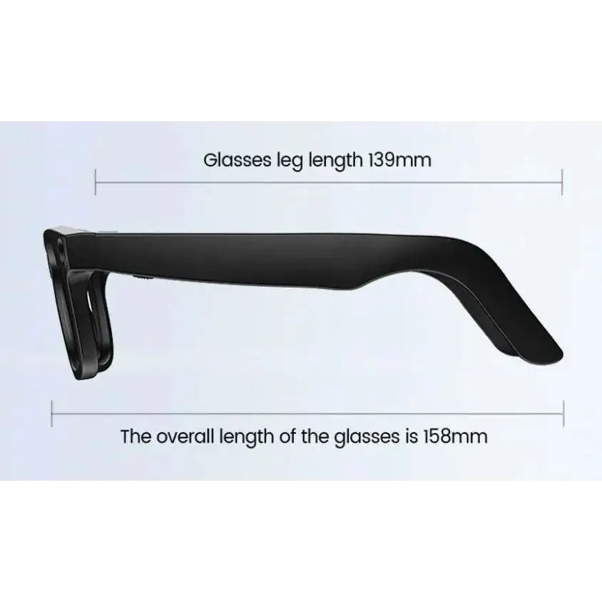 Black modern camera smart glasses with sleek rectangular black frames, matte finish, and purple accent detail