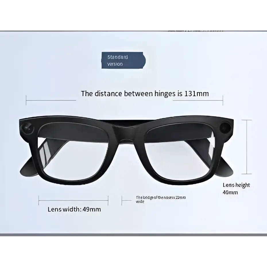 Black modern camera smart glasses with sleek black rectangular frames clear lenses and purple accent detailing