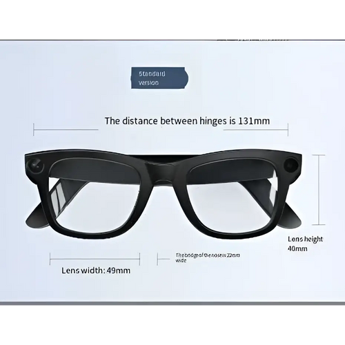 Black modern camera smart glasses with sleek black rectangular frames clear lenses and purple accent detailing