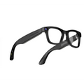 Black modern camera smart glasses with black rectangular matte frames and a purple lens accent on the temple