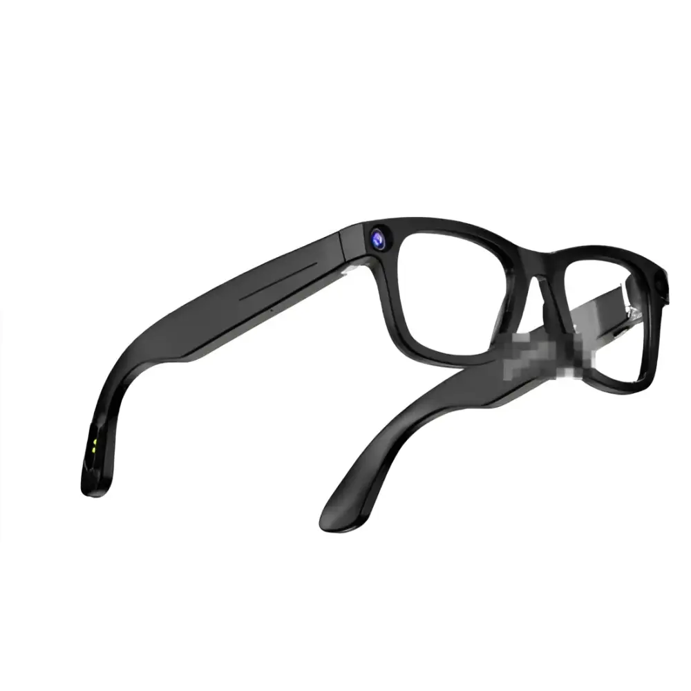 Black modern camera smart glasses with black rectangular matte frames and a purple lens accent on the temple