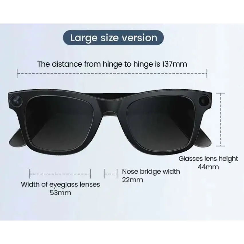 Black modern camera smart glasses with black rectangular frames and integrated cameras on each temple with purple accent