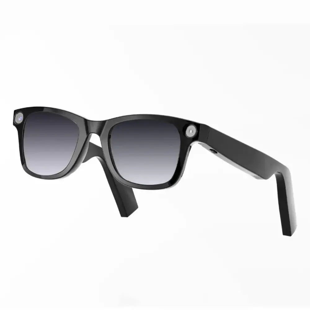 Black modern camera smart glasses with black frames, gradient gray lenses, purple accents, and circular temple cameras