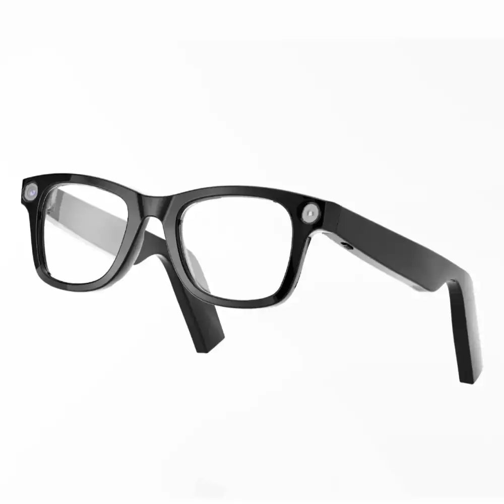 Black modern camera smart glasses with sleek black frame and subtle silver accents on the temples with purple accent