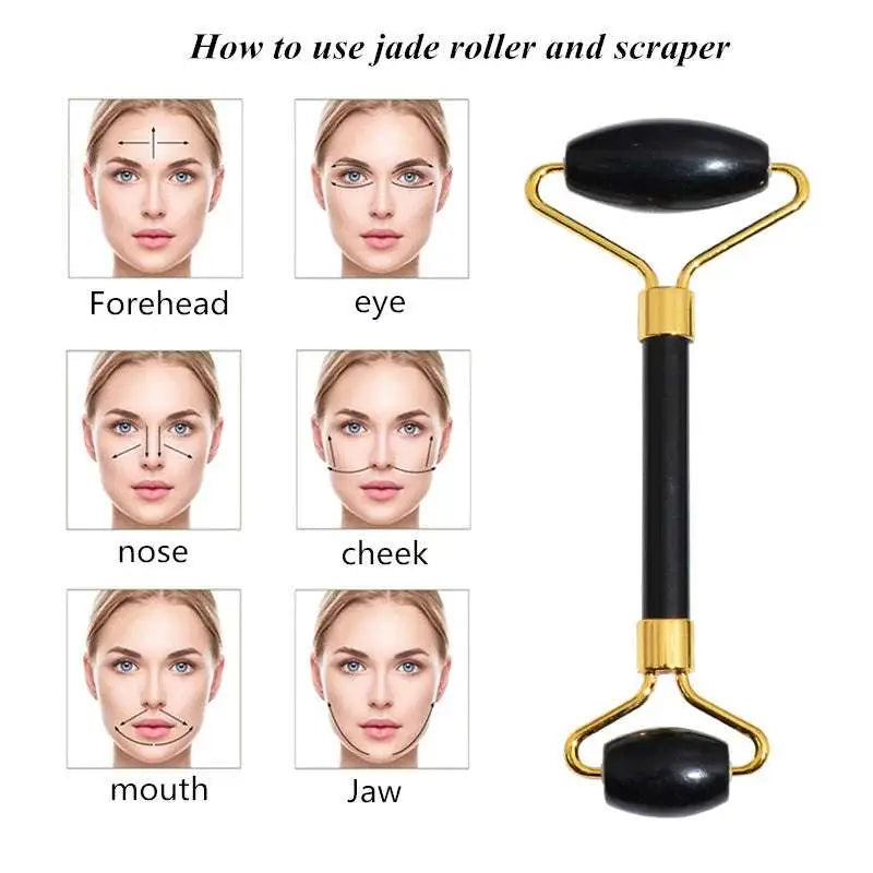 Black obsidian beauty face care massage jade roller with black jade stones and gold-toned metal frame and handles