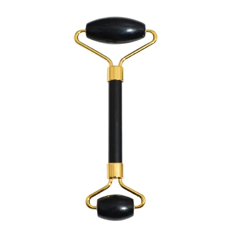Black obsidian beauty face care massage jade roller with black onyx jade stones and gold-toned metal handles