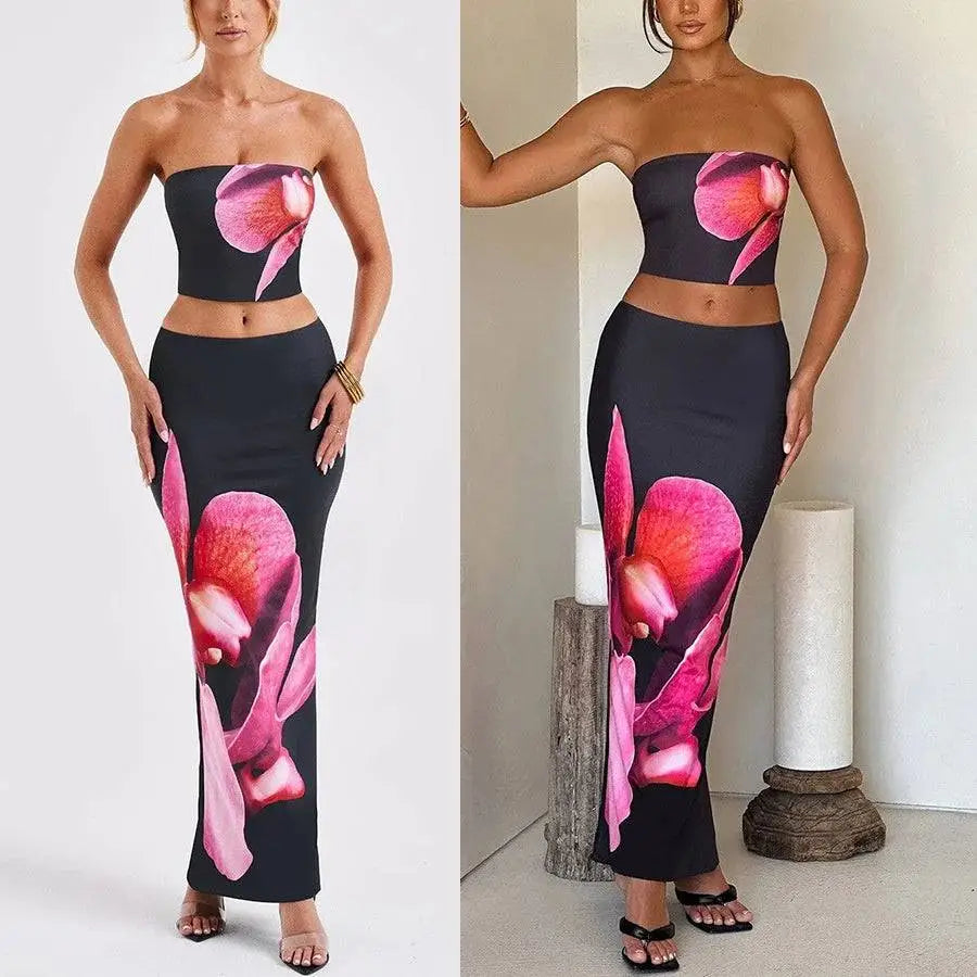 Black orchid fashion black strapless two-piece skirt set with vibrant pink orchid prints for vacation wear