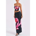 Black orchid fashion two-piece skirt set featuring a black strapless cropped top and vibrant pink orchid prints