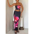 Black orchid fashion black strapless two-piece skirt set with vibrant pink orchid print for vacation wear