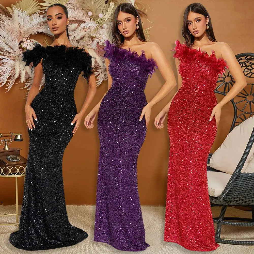Three elegant floor-length evening dresses in black paillette feather with stitching sequin details and feather stitching sequin accents