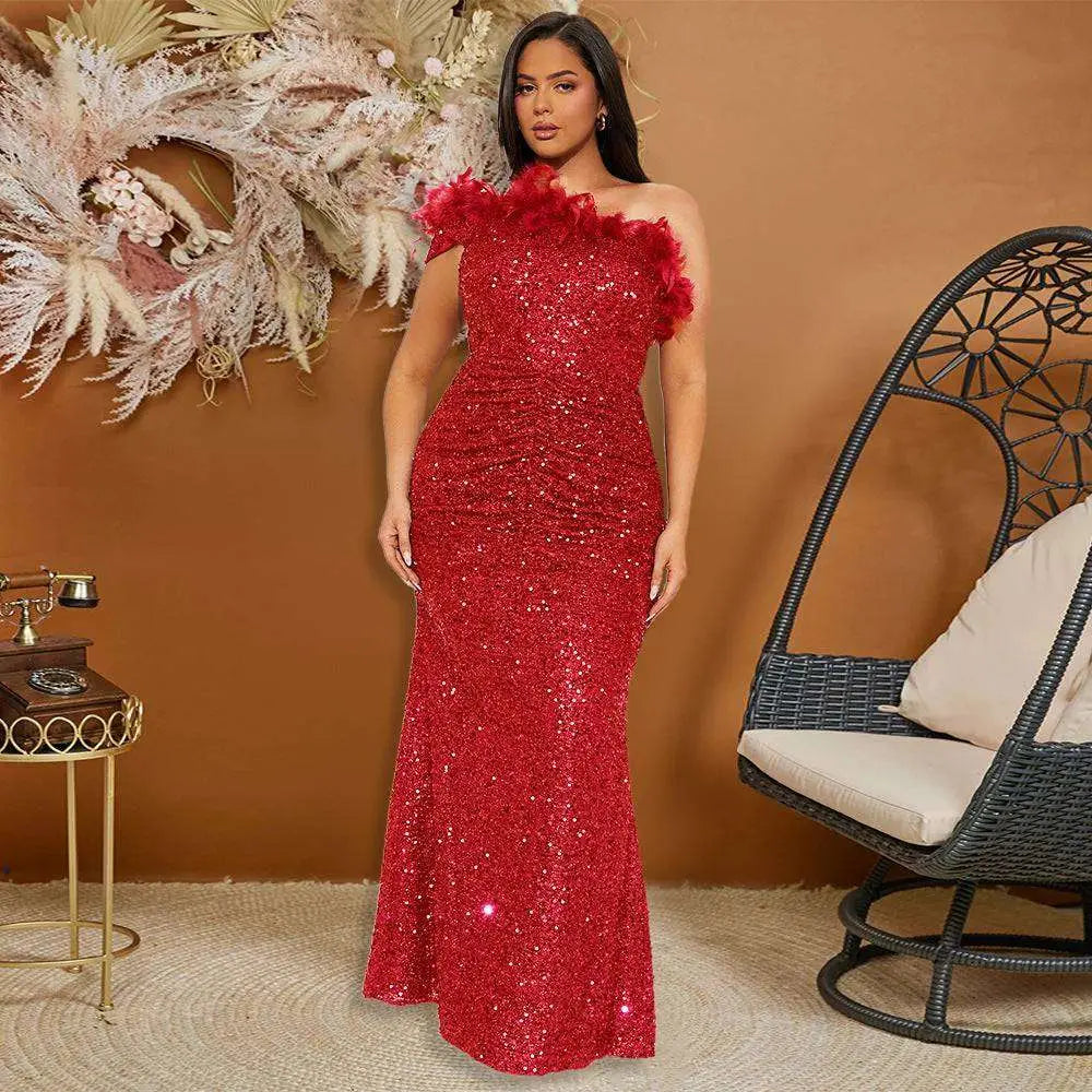 Three elegant floor-length evening dresses in black paillette feather with stitching sequin details and feather stitching sequin accents
