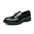 Black patent leather horsebit loafers male with silver-toned buckle accent for male fashion formal wear
