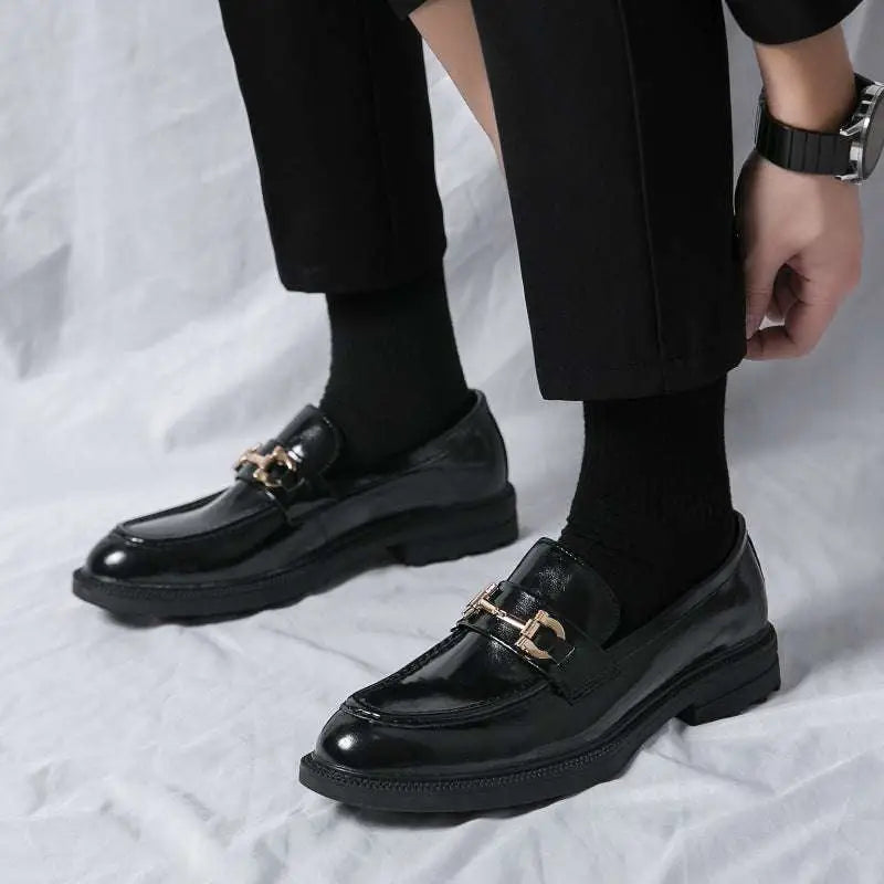 Black patent leather horsebit loafers male with gold-tone buckle and chunky rubber soles for male fashion formal wear