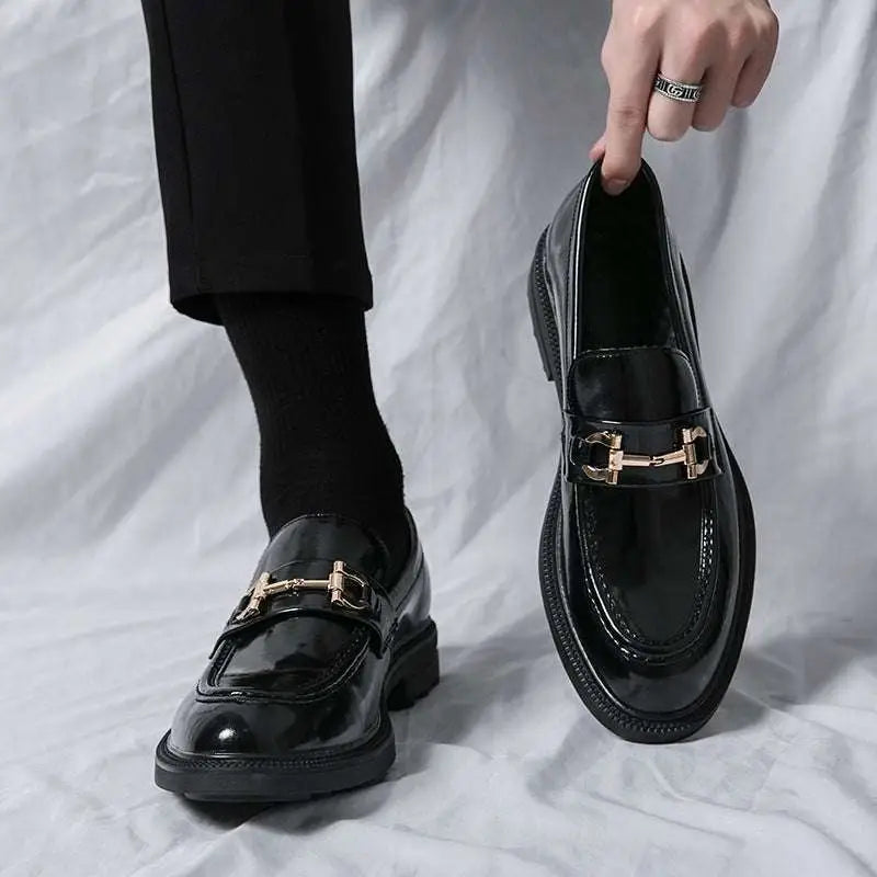 Black patent leather horsebit loafers male with gold tone buckle ideal for male fashion formal wear