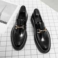Black patent leather horsebit loafers male with gold tone buckle detailing for male fashion formal wear