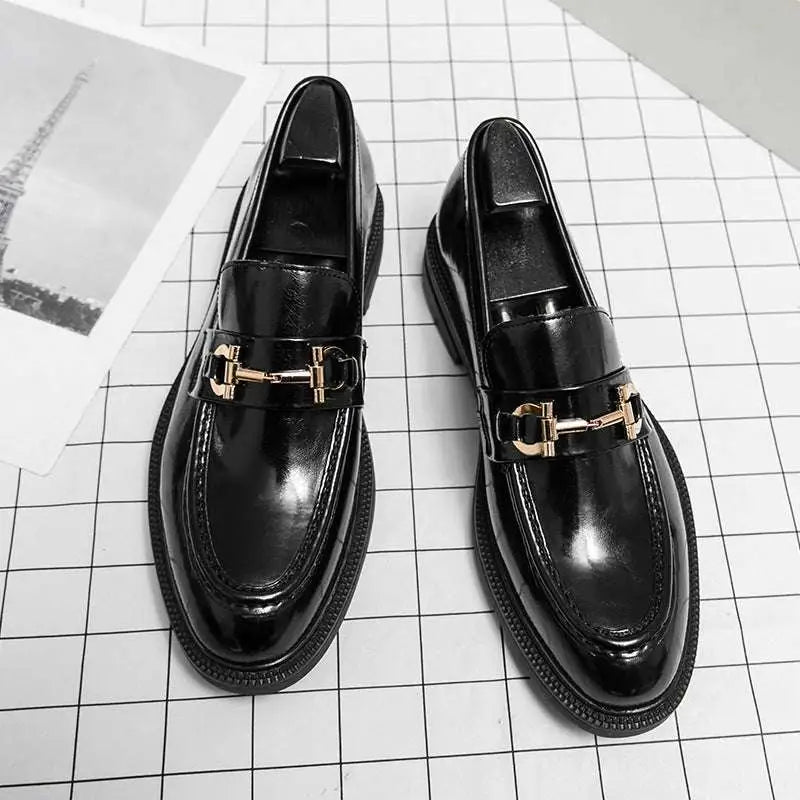 Black patent leather horsebit loafers male with gold tone buckle detailing for male fashion formal wear