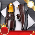 Brown leather loafers with crocodile texture and silver horsebit buckle as retro casual shoes option
