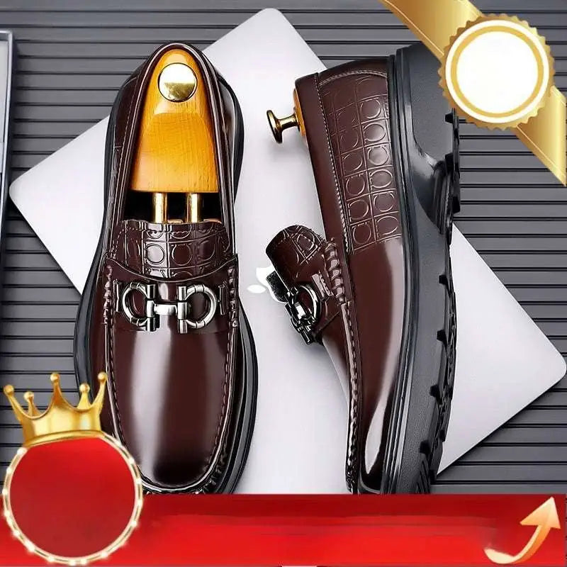 Brown leather loafers with crocodile texture and silver horsebit buckle as retro casual shoes option