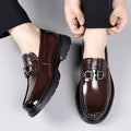Brown patent leather loafers with textured crocodile pattern and silver-tone horsebit buckle retro casual shoes