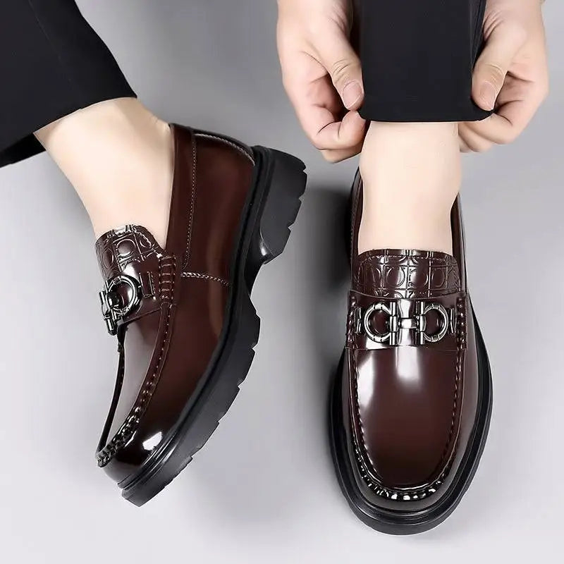Brown patent leather loafers with textured crocodile pattern and silver-tone horsebit buckle retro casual shoes