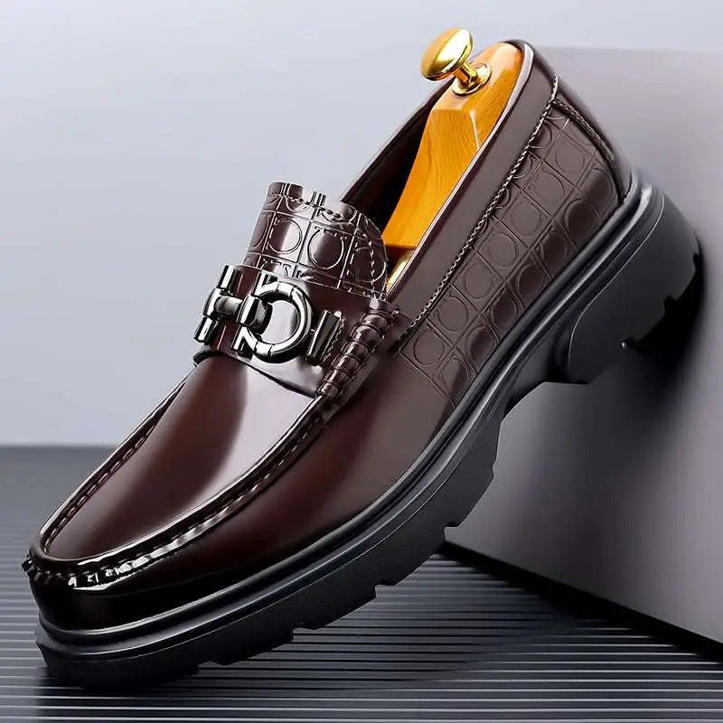 Brown crocodile-embossed leather loafer with metallic horsebit buckle and chunky sole for retro casual shoes