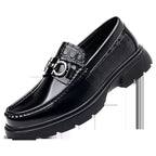 Black patent horsebit platform loafer with embossed crocodile pattern and silver horsebit buckle for retro casual shoes