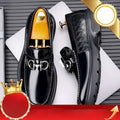 Black patent horsebit platform retro casual shoes with glossy finish and silver metal horsebit buckle detail
